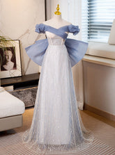 Blue Tulle Sequins Off the Shoulder Bow Prom Dresses